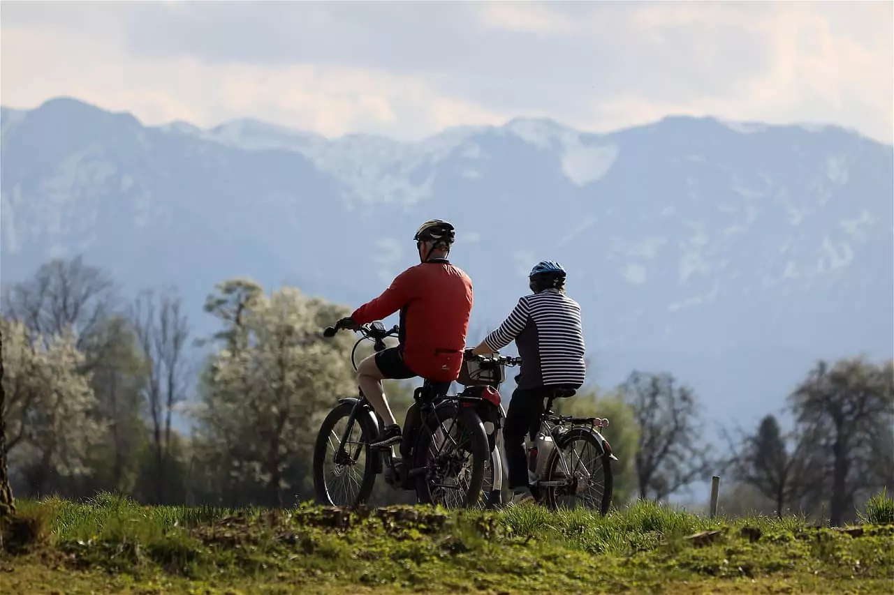 zwei E-Bikder blicken auf das Alpenpanorama. e-bike hotel bayern