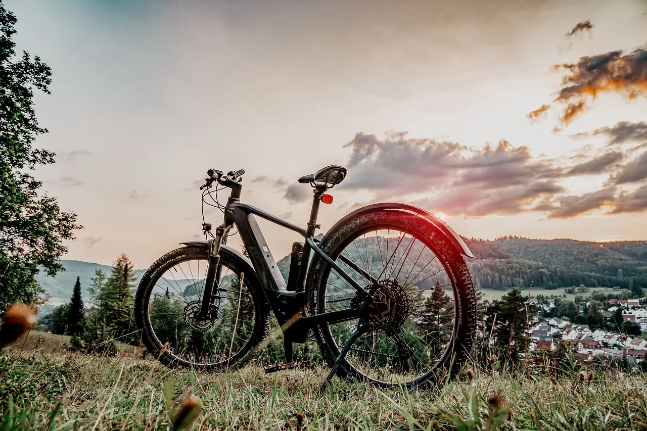 E-Mountainbike auf der Wiese, Hintergrund Berge. E-Bike Hotel Bayern